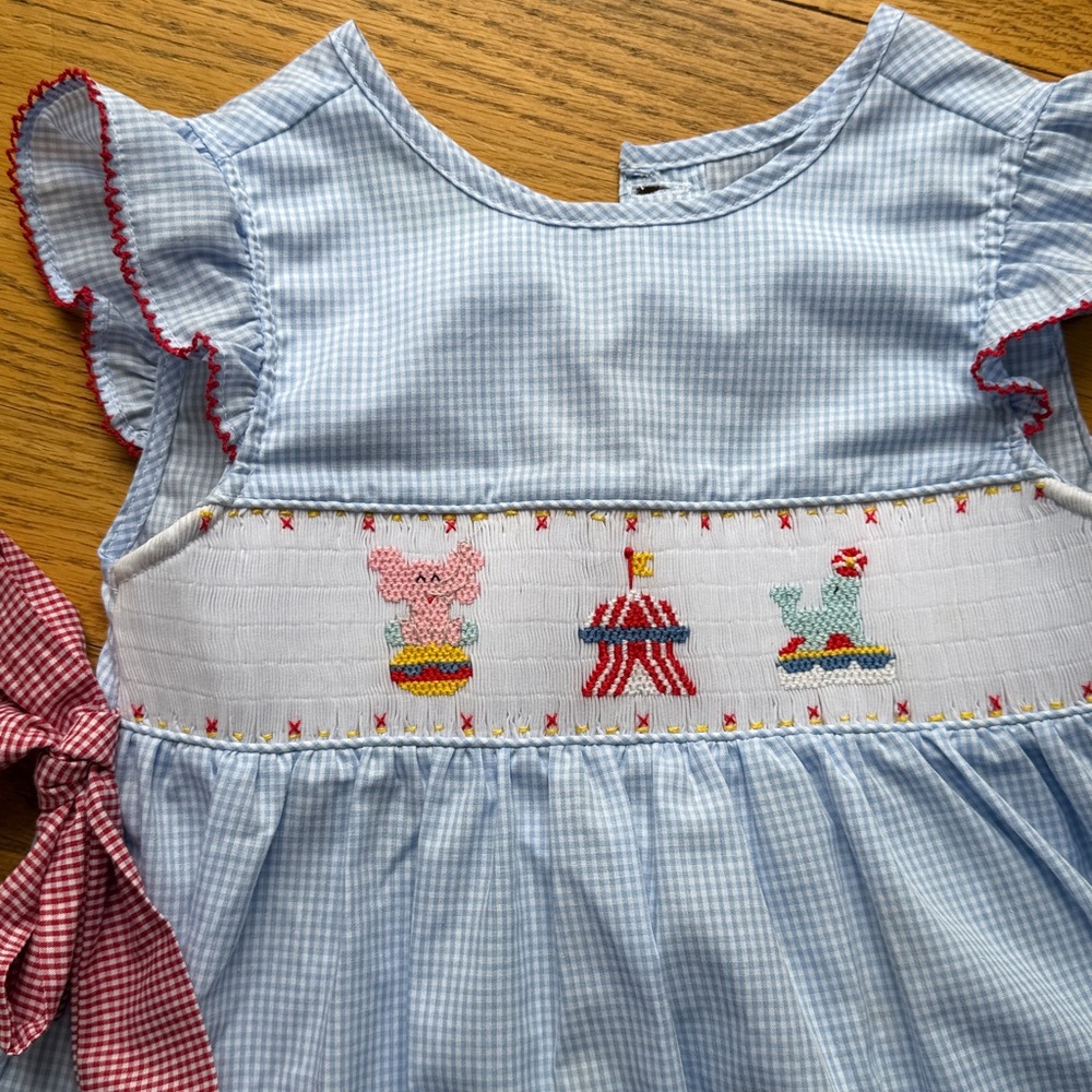 Blue Gingham Circus Smocked Waist Dress with Red Bow Tie Sides - Picture 2 of 6